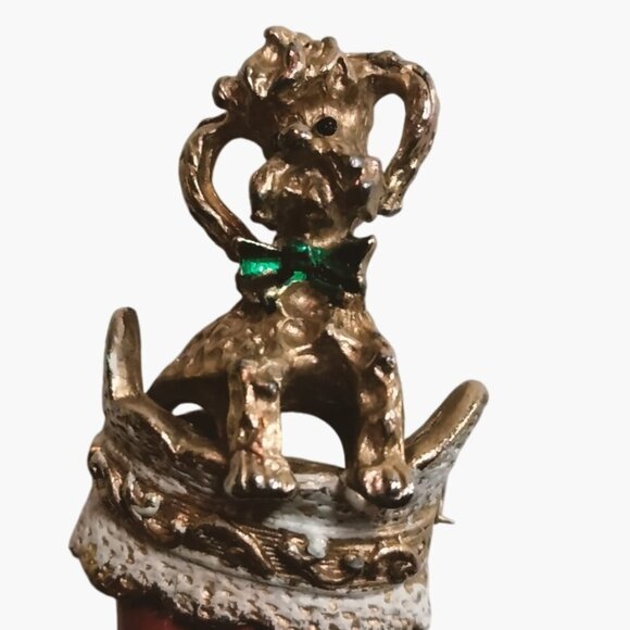 Poodle Boot Pin Brooch Dog Puppy Vintage Christmas Holiday Jewelry - Picture 2 of 5